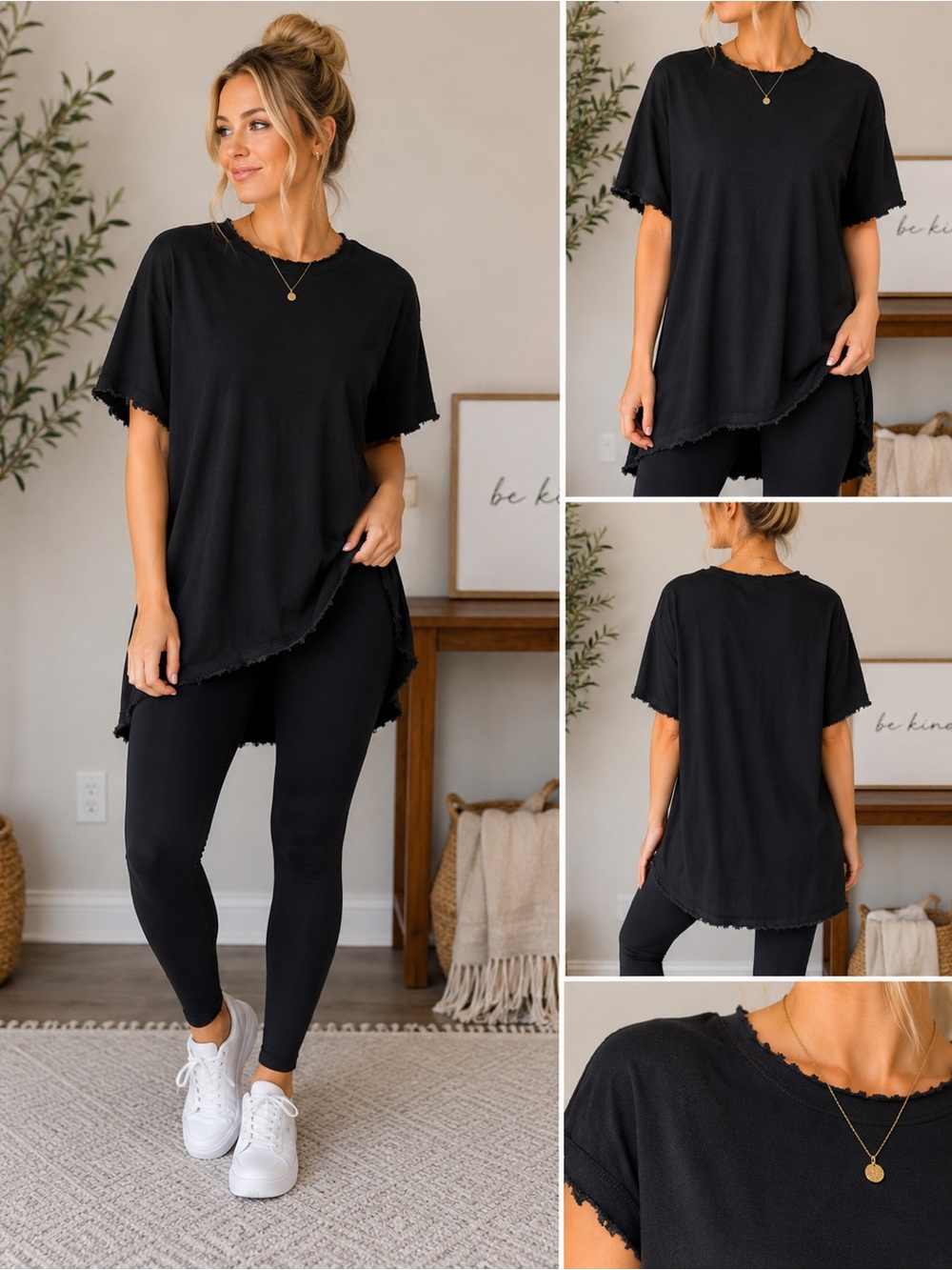 Zenana Outfitters Black Relaxed Short Sleeve Top with Raw-Edge Trim